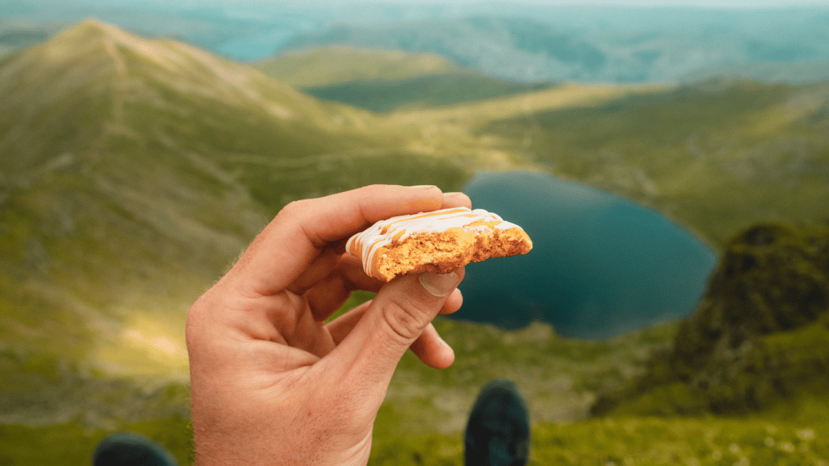 a person enjoying the view of an alpine lake while eating a sandwich